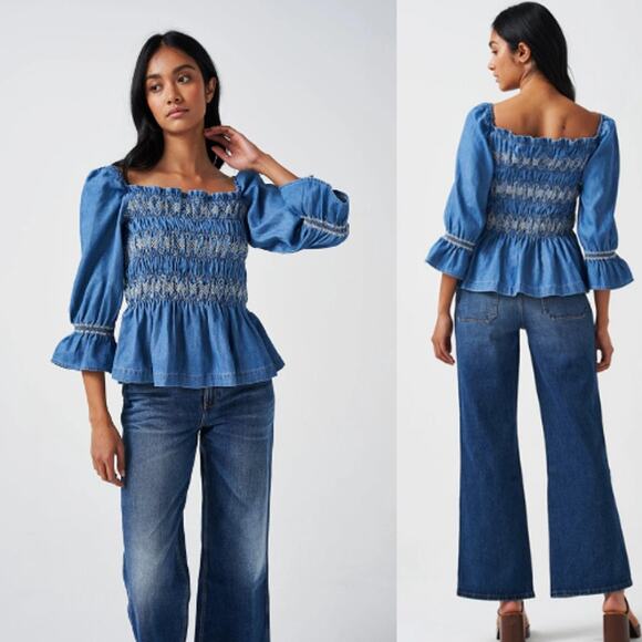 NWT Seventy + Mochi Sally 3/4 Sleeve Square Neck Top in Blue Rodeo Vintage - Picture 8 of 9